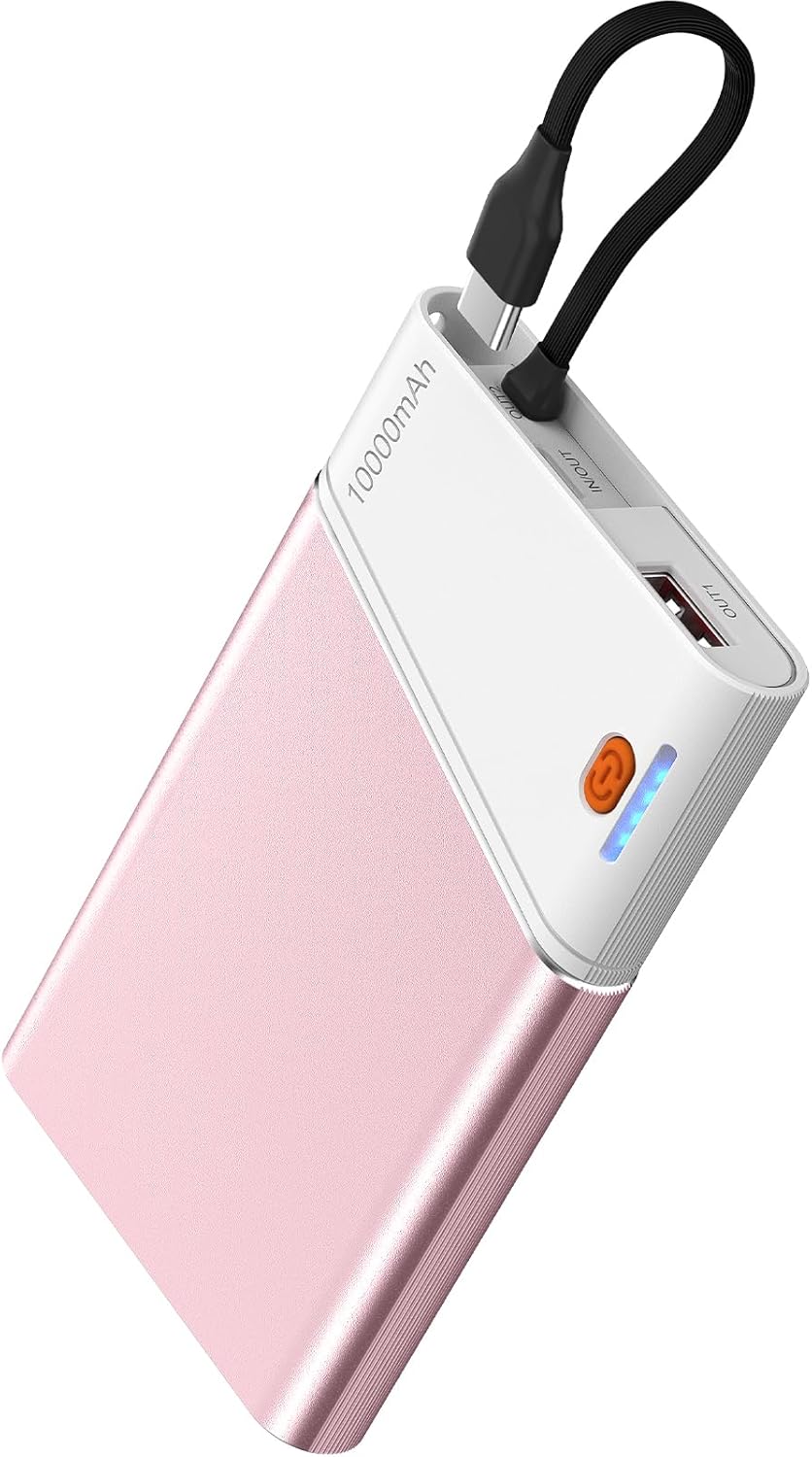 Portable Charger Power Bank, 10000mAh 22.5W PD Super Fast Charging Powerbank with Built-in USB C in&Out Cable, Slim External Phone Battery Pack for iPhone 17/16 Samsung S24 Android etc (Pink)